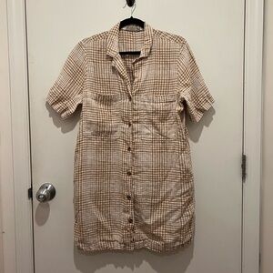Everlane Linen Workwear Dress, medium, Iced Coffee Grid, cream and tan plaid